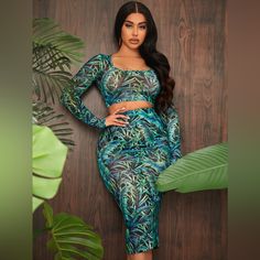 Shein Sxy Tropical Print Crop Top & Skirt Set Skirts -Length:31.5 Inch, Waist Size:27.6 Inch, Hip Size:33.5 Inc H Tops -Shoulder:14.4 Inch, Length:13.2 Inch, Sleeve Length:23.6 Inch, Bust:31.1 Inch, Cuff:7.3 Inch Multicolor Boho Tropical Sheer Square Neck Long Sleeve Women Tops Skirt Fabric 92% Polyester, 8% Elastane Regular Sleeve Slim Fit Slight Stretch Casual Green Bottoms For Club, Chic Green Skirt For Club, Fitted Green Bottoms For Club, Green Mini Skirt For Club, Green Summer Skirt For Club, Green Fitted Skirt For Club, Fitted Green Skirt For Club, Blue Fitted Skirt For Club, Fitted Blue Skirt For Club