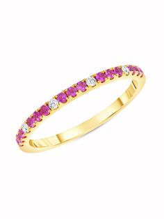 This halfway around pink sapphire and diamond band is substantial enough to stand out on its own or mix with your current rings. It would be perfect for your right hand or as a band with your engagement ring. Available in 14K yellow, white or rose gold. Yellow Gold Ruby Rings With Pave Setting, Formal Pink Sapphire Ring With Pave Setting, Pink Diamond Ruby Ring With Brilliant Cut, Pink Ruby Ring With Brilliant Cut Diamond, Pink Ruby Ring With Pave Setting For Anniversary, Wedding Rings With Pave Setting And Pink Sapphire, Wedding Ring With Pink Sapphire And Pave Setting, Anniversary Pink Sapphire Rings With Pave Setting, Pink Sapphire Wedding Rings With Pave Setting