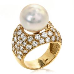 Retro Vintage 5.50ct Diamond South Sea Pearl 18k Yellow Gold Pave Cocktail Ring For Sale at 1stDibs Diamond Bracelet Design, Jewelry Appraisal, Sea Pearl, Luxury Rings, South Seas, Sea Pearls, South Sea Pearls, Pave Setting, Gems Jewelry