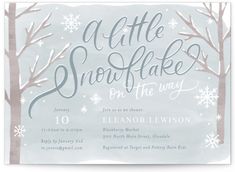 a little snowflakes on the way baby shower is shown in grey and white