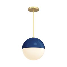 a blue and white light hanging from a brass ceiling fixture with a round glass shade