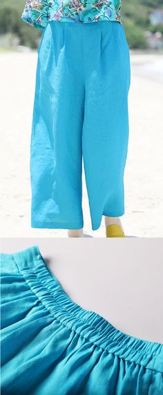 Blue Linen Summer Autumn Women Casual Pants with Pockets Solid Relaxed Fit Harem Pants For Beach, Summer Linen Harem Pants, Beach Linen Bottoms Solid Color, Beach Linen Bottoms In Solid Color, Summer Linen Harem Pants Straight Cut, Solid Ankle-length Harem Pants For Beach, Spring Solid Color Linen Wide Leg Pants, Solid Linen Pants For Vacation, Relaxed Fit Solid Color Beach Pants