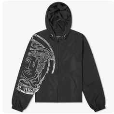 Versace Men's Black Medusa Hooded Windbreaker, Brand Size 46 Made In Italy Truly A Beautiful Piece. $1100 Retail Winter Black Outerwear With Logo Print, Black Hooded Outerwear With Logo Print, Pacsun Logo, Versace Clothes, Black Medusa, Versace Jacket, Black Windbreaker, Vintage Versace, Summer Jacket