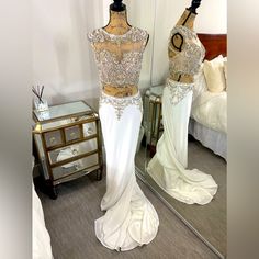 White Gown With White And Silver Rhinestone Beating Throughout. Size 6 Is Missing Some Of The Tassels Hanging From Below The Breast As Shown. Two Piece Gown, Alyce Paris, White Gown, Paris Dresses, White Gowns, Silver Rhinestone, Size 6 Dress, Beaded Dress, White Silver