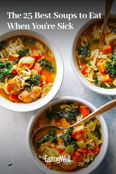 three bowls filled with different types of food and the words, the 25 best soups to eat when you're sick