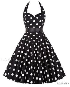 Lasaky - Classic 1950s Style Polka Dot Swing Dress - Vintage Audrey Hepburn Inspired with High Waist, Flared Design, and Waist Belt Fitted Black Vintage Rockabilly Dress, Retro Fitted Polka Dot Vintage Dress, Fitted Retro Polka Dot Vintage Dress, Rockabilly Black Dress For Spring, Black Rockabilly Dress For Spring, 1950s Style Fitted Polka Dot Dresses, Fitted 1950s Polka Dot Dresses, 1950s Style Polka Dot Vintage Dress, Spring Pinup Black Dress