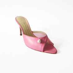 Elevate your footwear collection with Maile's Milly Pink Leather Heels, a true testament to elegance and luxury. These heels are meticulously crafted to offer both style and sophistication, perfect for making a fashion statement. With a pointed open toe and approximate heel height of 85mm/ 3. 35 inch, this style perfectly blends height and comfort. Adorned with a delicate pearl embellishment, these heels exude timeless style. Wipe clean Elegant Calf Leather Sandals With 4-inch Heel, Elegant 4-inch Kitten Heels With Single Toe Strap, Formal Sandals With Sculpted Heel And Almond Toe, Luxury Court Shoes With 4-inch Heel For Gala, Luxury Open Toe Kitten Heels With Padded Heel, Luxury Heels With Wrapped Heel And Single Toe Strap, Luxury Heels With Heel Strap And Single Toe Strap, Feminine Wedding Shoes With Padded Heel, Luxury Pointed Toe Sandals For Cocktail