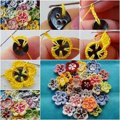 crocheted flowers are being made with yarn and buttons, including one that looks like an ornament