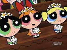 the powerpuff girls are standing in front of an audience with their heads turned to look like they're talking