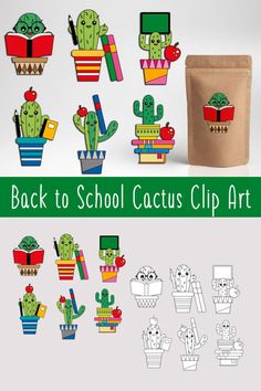 the back to school cactus clip art is shown in various shapes and sizes, along with some