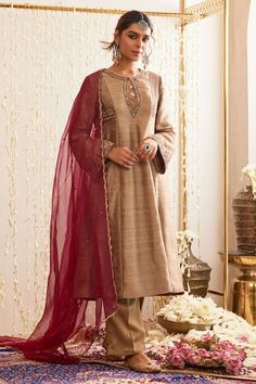 Beige anarkali with resham, dabka, sequin, moti, crystal embellishment on neckline and sleeve hem. Paired with stripe woven palazzo and scallop border embellished dupatta. - Aza Fashions Embellished Anarkali Salwar Kameez With Long Sleeves, Embellished Raw Silk Anarkali Kurta, Embellished Long Sleeve Anarkali Salwar Kameez, Gold Elegant Sharara With Embroidered Border, Elegant Gold Sharara With Embroidered Border, Bollywood Style Dress With Embroidered Border For Reception, Unstitched Embellished Raw Silk Anarkali Set, Embellished Anarkali Kurta With Long Sleeves, Elegant Gold Salwar Kameez With Embroidered Border