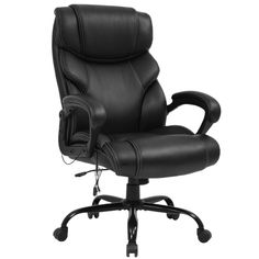 an office chair with black leather upholstered