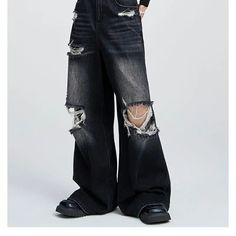 Distressed Wide - Leg Jeans - Black Ripped Wide Leg Bottoms, Ripped Wide Leg Black Bottoms, Black Wide Leg Ripped Bottoms, High Waist Ripped Black Pants, Black Ripped Wide Leg Pants, Black Ripped Pants For Spring, Black Distressed Wide Leg Bottoms, Baggy Black Ripped Bottoms, Baggy Ripped Black Bottoms