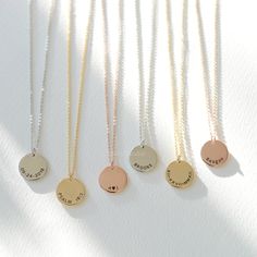 "Personalized message round disc necklace: This beautiful disc necklace would make a perfect personalized gift for yourself or your loved ones. The perfect layering necklace or beautiful on its own. Options to personalize this disc with: - Initials - Quote - Names - Special Dates - Roman Numerals - Coordinates of your meaningful places - Other types of text and numbers... D E T A I L S - Disc size: 15mm, good thickness - Engraved personalization of your choice - This listing is for one single ne Mother's Day Round Charm Necklace With Engraving Option, Engraved Round Disc Coin Necklace For Everyday, Hand Stamped Round Pendant Necklace For Best Friend, Meaningful Round Pendant Necklace As Best Friend Gift, Meaningful Round Pendant Necklace For Best Friend, Everyday Engraved Round Coin Necklace, Personalized Round Charm Necklaces For Best Friend, Personalized Charm Necklaces For Best Friend Gift, Adjustable Round Engraved Charm Necklaces