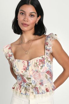 Charmingly Sweet Cream Floral Print Lace Bustier Top Lace Top Design, Lace Bustier Top, Corset Design, Romantic Floral Print, Floral Bustier, Lulu Fashion, Sweet Cream, Formda Kal, Lace Bustier