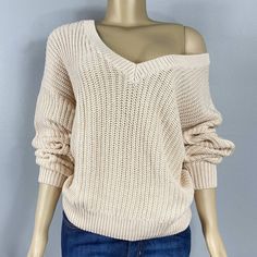 Cream Knit Sweater By Victoria’s Secret Pink. Soft Knit Long Sleeve With A V-Neck. The V-Neck Is Large And Could Be Worn Off The Shoulder On One Side If You Liked. New With Tags Size Xs Ship Daily Except Weekends V0213512 Casual Stretch Knitted V-neck Sweater, Beige Knit V-neck Sweater, Cozy V-neck Soft Knit Top, Winter V-neck Open Knit Top, Chic Knitted V-neck Sweater For Spring, Beige Soft Knit V-neck Top, Fitted Knitted V-neck Sweater, Chic Knitted V-neck Sweater, Soft Knit Stretch V-neck Top