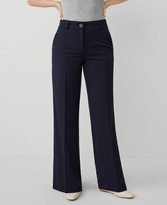 A modern must-have with a statement leg and flattering high waist. Front zip with button closure. Belt loops. Front off-seam pockets. Back besom pockets.,Leg Shape:Wide Leg – a modern must-have with a statement leg and flattering high waist,Rise:High rise: sits 1/2" to 1" below natural waist,Imported:Imported,Fit:Relaxed & easy,Length:Full length: 28 1/2" inseam with 22 1/2" leg opening,Fabrication:62% Polyester, 34% Viscose, 4% Spandex,Garment Care:Machine Washable The Petite Perfect Wide Leg Pant - Curvy Fit by Ann Taylor Size petite - 4 Night Sky Women's Curvy, Wide, Leg, Pants, 62%, Polyester, 34%, Viscose, 4%, Spandex, Machine, Washable Pants For Petite Women, Pear Shaped Women, Petite Women, Ann Taylor, Effortless Style, Wide Leg Pants, Full Length, Wide Leg, High Waisted