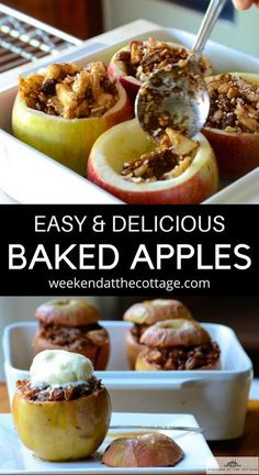 baked apples in baking dish with text overlay that reads easy and delicious baked apples