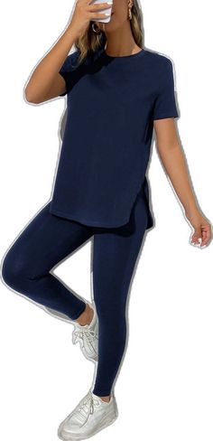 Blue Stretch T-shirt For Loungewear, Blue Stretch Cotton Sets, Casual Navy Sets For Spring, Casual Plain Color Summer Leggings, Casual Solid Color Summer Leggings, Blue Athleisure Sets For Summer, Casual Summer Loungewear Leggings, Casual Summer Leggings For Loungewear, Stretch Solid Color Short Sleeve Set