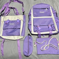 New Without Tags 4 Piece Purple And White Bag Set Large Capacity Purple Bag For Back To School, Back To School Large Capacity Purple Bag, Purple Shoulder Bag For Daily Use, Back To School, Purple Shoulder Backpack For School, Trendy Purple Bags For Back To School, Trendy Purple Shoulder Bag For Back To School, Trendy Purple Back-to-school Bags, Casual Purple Shoulder Bag For School, Casual Purple Shoulder Bag For Students