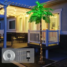 a palm tree sitting on top of a wooden deck next to a white house with lights