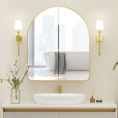 a bathroom with a sink, mirror and potted plant in front of the window