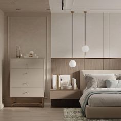 a bedroom with a bed, dresser and mirror on the wall next to each other