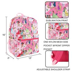 This officially licensed backpack is the perfect school, work, or travel accessory for Disney fans! The backpack has been custom-designed with a beautiful all-over print of your favorite Disney princesses, including Belle, Pocahantas, Rapunzel, Mulan, Merida, and more! Perfectly sized for fans of all ages, it’s ideal for carrying books, laptops, or sports gear comfortably. The top zipper ensures easy access to the spacious main compartment, while the zippered front pocket keeps smaller valuables Back To School Backpack For Disney Fan Events, End Of School Year Student Backpack With Character Print, Disney Multicolor Backpack For Daily Use, Multicolor Disney Backpack For Daily Use, Multicolor Disney Bags For Back To School, Multicolor Character Print Standard Backpack, Disney Backpack For School, Disney Multicolor Standard Backpack, Disney Backpack For End Of School Year