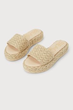 From beach vacations to sunset picnics, the Beach by Matisse Caspia Natural Espadrille Flatform Slide Sandals are the perfect pick for any summer activity! These cute, espadrille-wrapped sandals boast a slide-on design with a peep-toe upper, a wide toe strap, and a 1.5"" flatform sole. Get ready to have a whole ton of fun in the sun with these essential sandals! 1. 5" espadrille-wrapped flatform wedge. Cushioned insole. Rubber sole has nonskid markings. Man made materials. Imported. Lulus | Casp Summer Activity, Beach Slides, Lulu Fashion, Guest Attire, Beach Vacations, Cute Sandals, Fun In The Sun, Flat Espadrille, Summer Activities