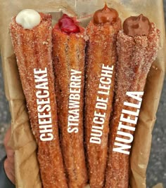 there are four churros with different toppings on them