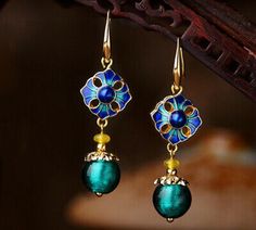 STYLE: National COLOUR: Gold, Blue, Green MATERIALS: Agate, Cloisonne, Coloured Glaze, Gold Plating Metal LENGTH: 5.1cm Cloisonne Earrings, Engagement Earrings, Gold Earrings For Women, Earrings For Sale, Retro Earring, China Jewelry, Accessories Jewelry Earrings, Earring Patterns, Handmade Gold