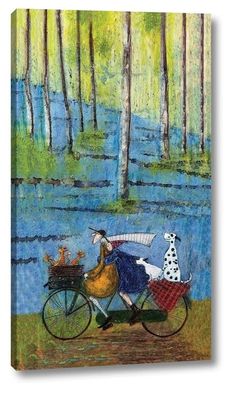 a painting of two people riding a bike with a dog on the back and a dalmatian on the front