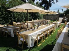 there are many tables and chairs with umbrellas on the grass in front of them