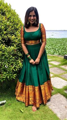 Blouse Designs For Pattu Lehenga, South Indian Half Sarees Traditional, Narayanpet Blouse Designs, Saree Skirt And Top, Narayanpet Lehangas, South Indian Outfits, Narayanpet Dresses