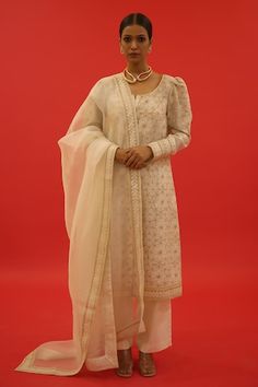 Ivory chanderi A-line kurta with jaal hand embroidery. Comes with palazzo and a dupatta. - Aza Fashions Women Kurta, A Line Kurta, Straight Kurta, Kurta Set, Set Women, Puffed Sleeves, Aza Fashion, Hand Embroidered, Hand Embroidery