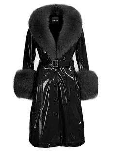 Color: Black Patent Leather Faux Fur Collar Material: Sheepskin Fully Lined Belt Included Lining: Polyester Single Breasted Sample Size: S Delicate dry clean Protect accessory before washing Made-to-order (MTO) style Please allow additional 3-5 days for MTO order to be processed Style № ZC_NYC23_Patent Leather Coat w/ Fox Fur In Black Styled with Z' Diamante Detail Over The Knee Boot Black Leather Fur Coat With Faux Fur Trim, Chic Black Leather Fur Coat, Elegant Black Leather Fur Coat, Black Fur Coat With Faux Fur Trim For Party, Black Fur Coat With Faux Fur Lining For Party, Black Faux Fur Coat For Evening, Black Faux Fur Outerwear For Evening, Black Faux Fur Evening Coat, Black Faux Fur Coat For Work