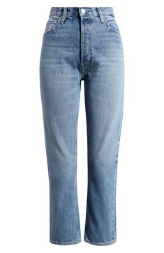 A high-rise waist tops these ankle-length jeans made from nonstretch denim with straight legs and classic fading. 26 1/2" inseam; 14" leg opening; 12 1/2" front rise; 14 1/2" back rise (size 29) Zip fly with button closure Five-pocket style 100% cotton Machine wash, line dry Made in the USA Ankle Length Jeans, Nordstrom Store, Fabric Gifts, Free Fabric, Ankle Length, Straight Leg Jeans, Leg Jeans, Straight Leg, High Waist