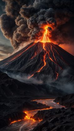 Huge volcano has woken up and released a huge cloud of lave and volcanic ash into the night starry sky Volcano Village, Volcano Landscape, Ash Fire, Volcano Art, Volcano Photos, Night Starry Sky