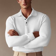 Season:Fall,Spring; Fabric:Knit,Rib Fabrics; Sleeve Length:Long Sleeve; Gender:Men's; Style:Basic,Formal,Muscle,Warm; Tops Type:Polo Shirts,Golf Polos Shirts; Occasion:Formal,Active,Club,Work,Casual,Holiday; Pattern:Solid Color; Design:Buttons; Neckline:Ribbed Polo Collar; Listing Date:09/20/2024; Bust:null; Length:null; Knit Style:Ribbed Collared Sweater With Button Closure, White Collared Sweater With Buttons, White Collared Ribbed Sweater, Fitted White Ribbed Polo Sweater, White Fitted Ribbed Polo Sweater, White Knit Button-up Top, White Knit Collared Top, Solid Ribbed Collared Sweater, Solid Collared Ribbed Sweater