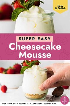 cheesecake mousse in a jar with strawberries on top