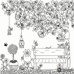 a drawing of a bench under a tree with flowers and butterflies on it, in front of a stone wall