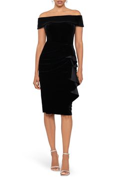 Xscape Evenings Ruffle Off the Shoulder Velvet Cocktail Dress | Nordstrom Girls Fall Fashion, Cocktail Dress Nordstrom, Ruffle Gown, Mother Of The Bride Dresses Long, Velvet Cocktail Dress, Cocktail Dress Wedding, Velvet Gown, Dress For Wedding, Column Gown