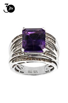 4.68ct rectangular octagonal African Amethyst with .36ctw round champagne diamond rhodium over sterling silver ring. Measures approximately 0.41"L X 0.48 "W. Not Sizeable. Black Rhodium Luxury Octagon Ring With Gemstone Accents, Dazzling Formal Rings With Gemstone Accents, Formal Diamond Ring With Prong Setting And Rectangle Stone, Dazzling Rings With Gemstone Accents For Formal Occasions, Fine Jewelry Rings With Diamond Accents And Square Cut, Formal Rings With Rectangular Center Stone, Rectangular Amethyst Ring For Formal Occasions, Formal Amethyst Ring With Diamond Accents In White Gold, Rectangular Amethyst Ring For Formal Events