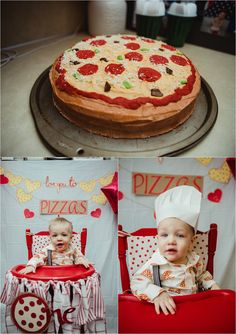 a collage of photos shows a baby in a highchair with a pizza on it