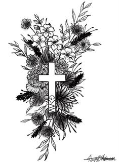 a cross surrounded by flowers and leaves