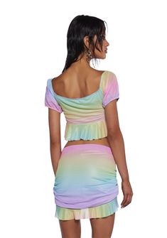 ya had 'em at the first sip, babe. Keep 'em thirsty in this sweet as eva crop top that has a mesh construction, a pastel rainbow print, a ruched bodice with an adjustable tie, puff sleeves, and a ruffled hem. Strawberry Tops, Pattern Dresses, Retro Fruit, Ruched Crop Top, Rainbow Shoes, Sugar Thrillz, Skirts With Boots, Pride Outfit, Ruched Bodice