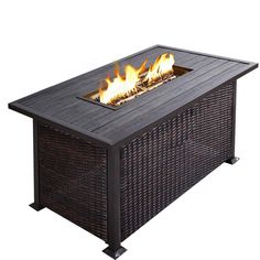 an outdoor fire pit is shown with flames coming out of the top and side panels