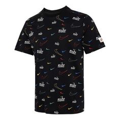 Men's Nike Logo Full Print Sports Training Short Sleeve Black T-Shirt DJ1392-010 Athleisure Crew Neck T-shirt With Logo Print, Nike Sporty T-shirt With Logo Print, Sportswear Crew Neck T-shirt With Graphic Print, Multicolor Crew Neck T-shirt With Logo Print, Sporty Multicolor Crew Neck T-shirt, Sporty Multicolor Short Sleeve T-shirt, Multicolor Logo Print Short Sleeve Tops, Multicolor Short Sleeve Tops With Logo Print, Cotton Sports T-shirt With All Over Print