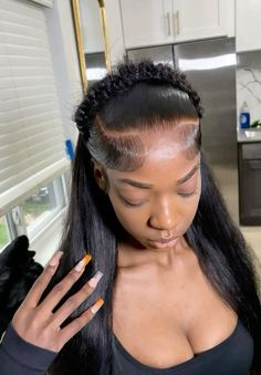 Butterfly Braid Wig Install, Two Braids Wig Style, Crown Wig Hairstyles, Cute Straight Wig Hairstyles, Braid Across Front Of Hair Frontal, Side Part No Baby Hairs, Hairstyles For Straight Wigs, Styles For Straight Wigs, Styles For Wigs Black Women