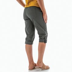 When you need flexibility for your warm-weather days, look no further than the Delmar Crop Pant which features a rollable inseam that can be secured with a tab. Start the cooler summer mornings with the pants unrolled, offering 24" of coverage. As the day warms, roll the Delmar up for a comfortable 17" inseam. Whichever length is right for you, you can be ensured breathability, stretch, fit, and comfort, from an optimal balance of organic cotton and spandex, all wrapped in a peached weave that p Casual Pants For Outdoor Activities In Summer, Summer Outdoor Pants With Hip Pockets, Summer Pants With Hip Pockets For Outdoor Activities, Cotton Summer Bottoms For Outdoor Activities, Summer Cotton Bottoms For Outdoor Activities, Summer Bottoms With Pockets For Outdoor Activities, Casual Capri Length Bottoms With Side Pockets, Casual Stretch Bottoms With Upf 50+, Spring Outdoor Capri Pants